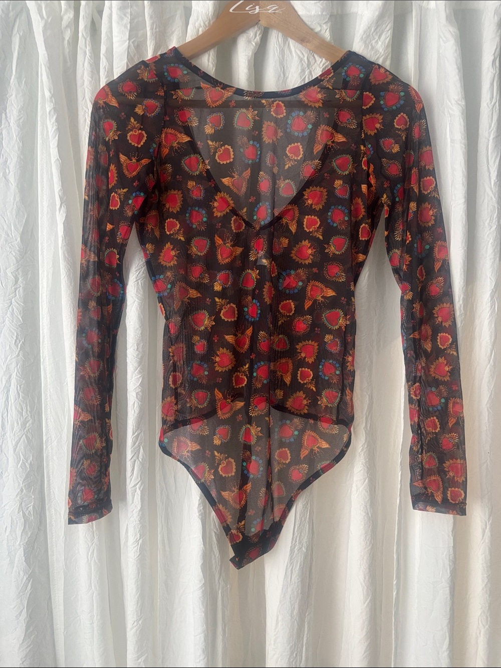 Sheer Black Long-Sleeve Floral Heart Mesh Bodysuit